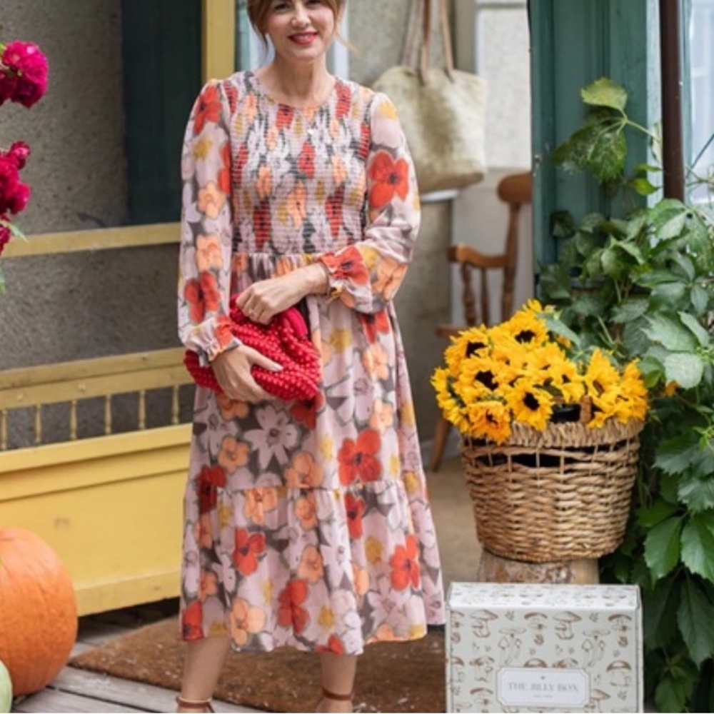 Floral Smocked Midi Dress in Blush with Orange Accents